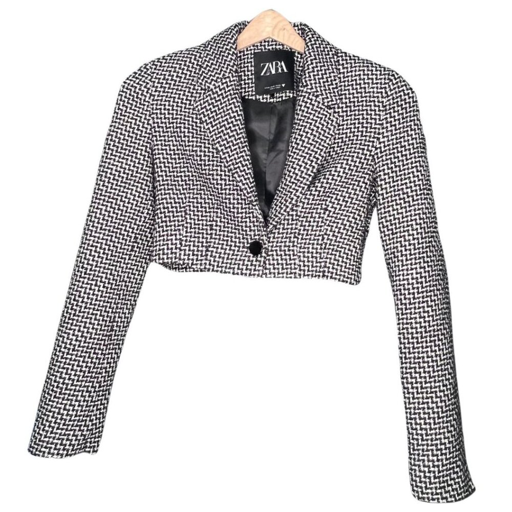 Zara Cropped Blazer Black and White Houndstooth Tweed Size XS
